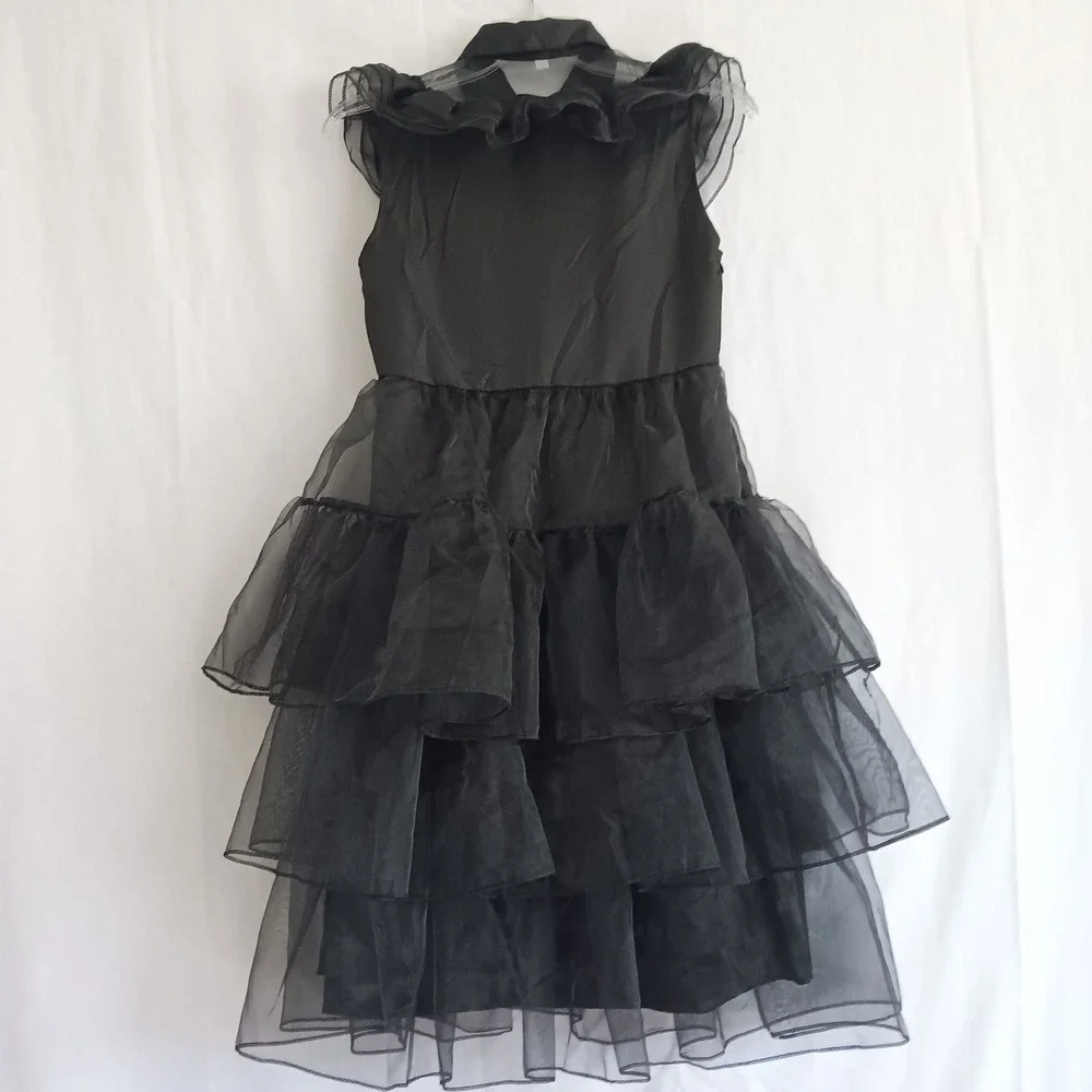 Wednesday Adams Ruffle Tiered Dress Girls Sz 10 (140) Black Organza Gothic Party
